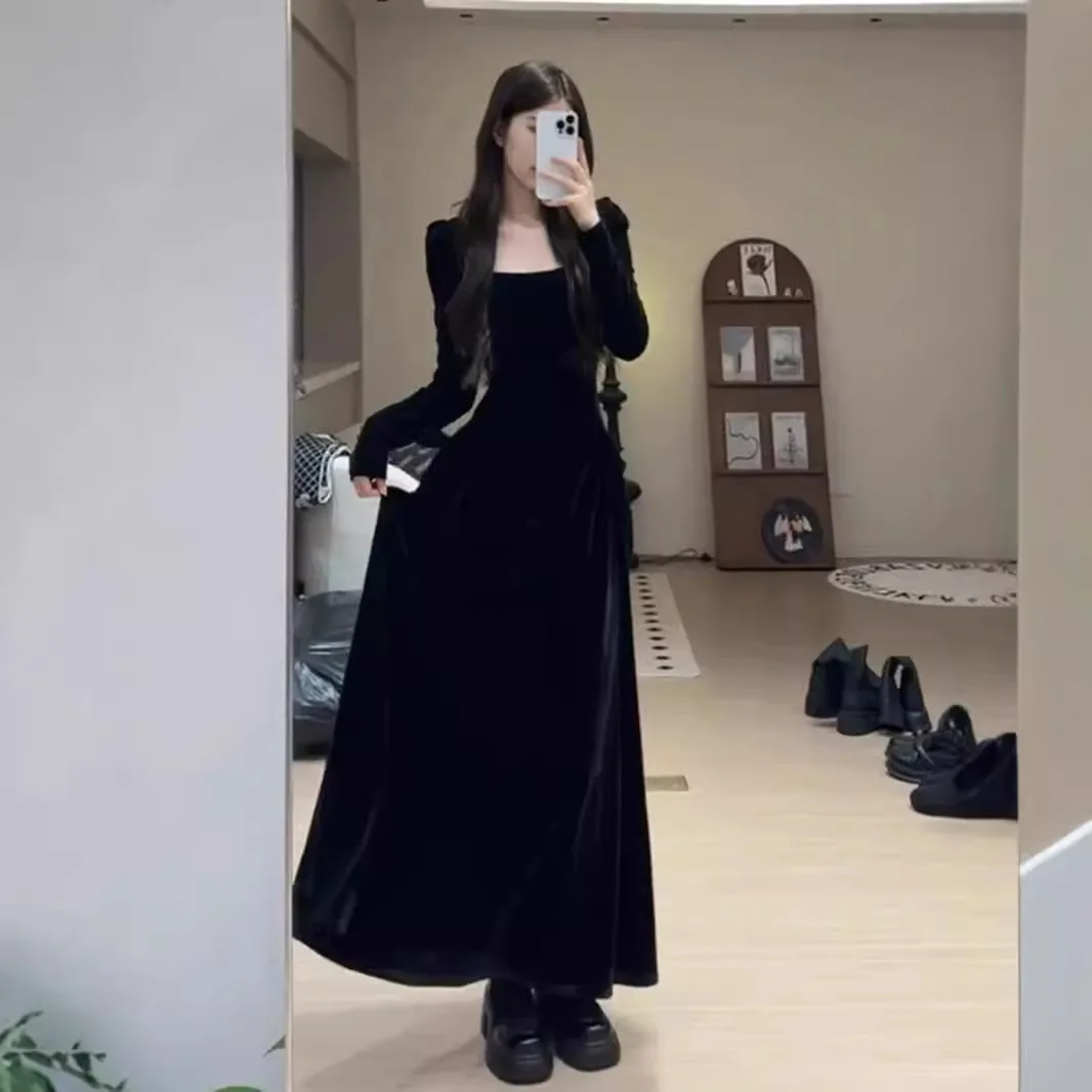 French Style Temperament Socialite High-Grade Black Velvet Dress Women's Early Spring Inner Wear Birthday Annual Party Evening