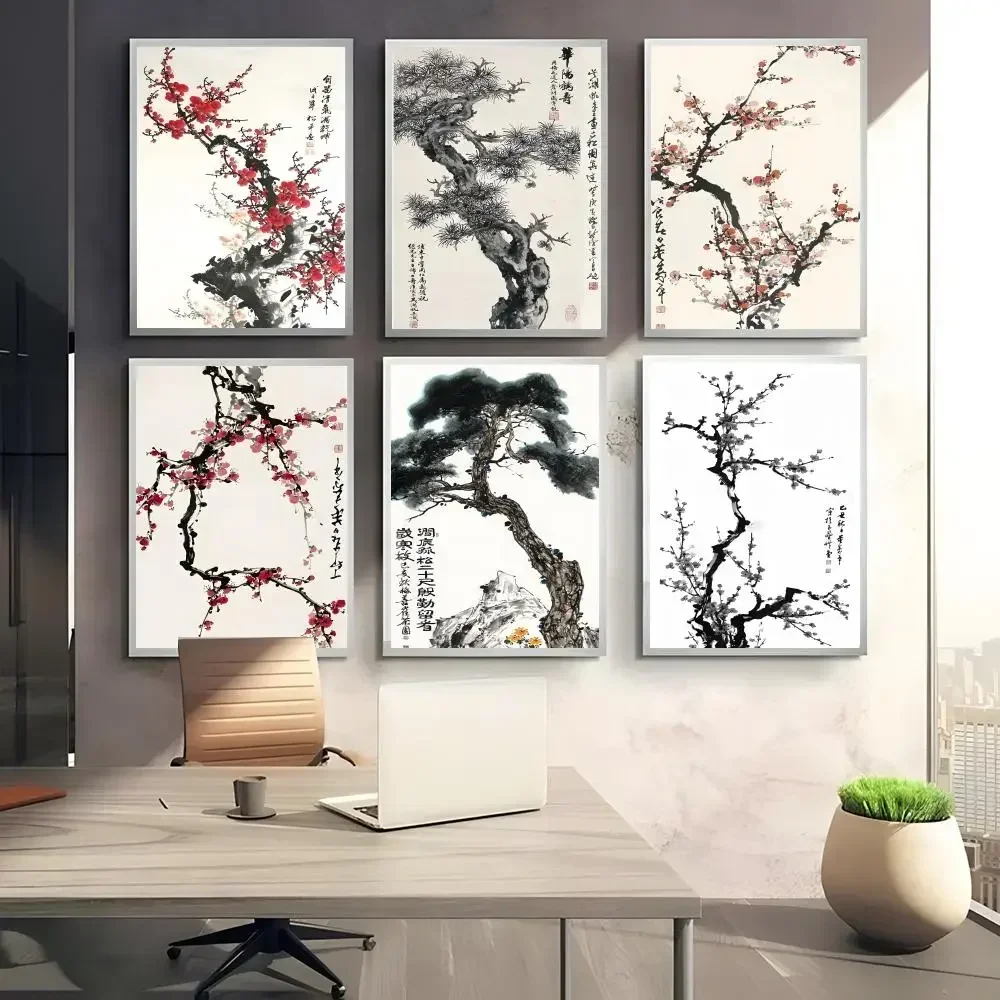Chinese Ink Style Pine Tree Poster Multi-Purpose Wall Art For Living Room Bedroom Office Hallway Bar Decor Gift Idea