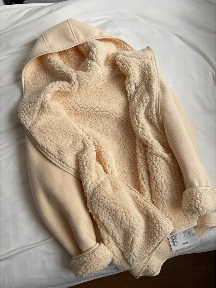 

Thiened Fce Hooded Open Cardigan Sweatirt Lamb Velvet Cotton Coat Warm Youthful ular Loose Fit Long Sve Zipper C...