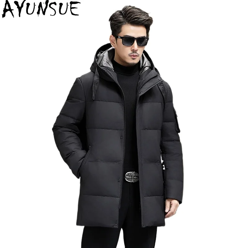 

AYUNSUE 100% Real Cowhide Jacket Man Leather White Goose Down Coat Hooded Winter Mid-length Warm Leather Jackets Puffer Coats