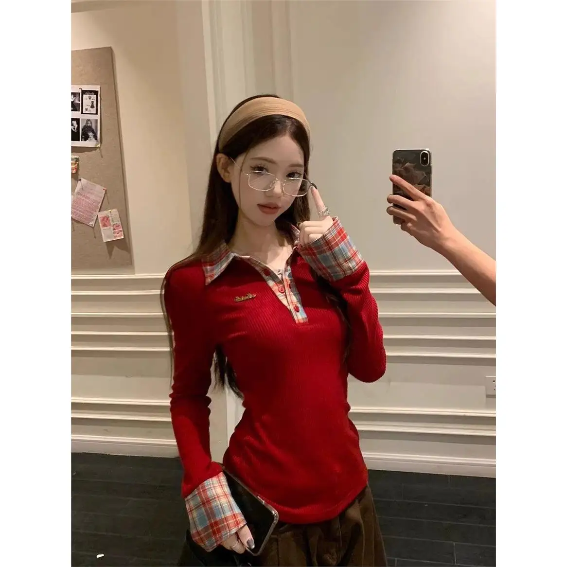 Korean Design Sense Plaid  Neck Long Sleeve Women's T-shirt Autumn Winter Slim Fit Base Shirt Inner Wear Top City Walk