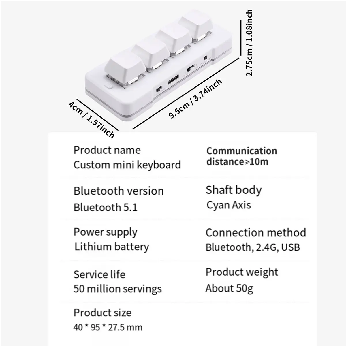 【STABLE QUALITY】MK424Pro 4-Key Customized Keyboard+Mechanical Blue Switch USB+BT+2.4G Connection for Game Multimedia White