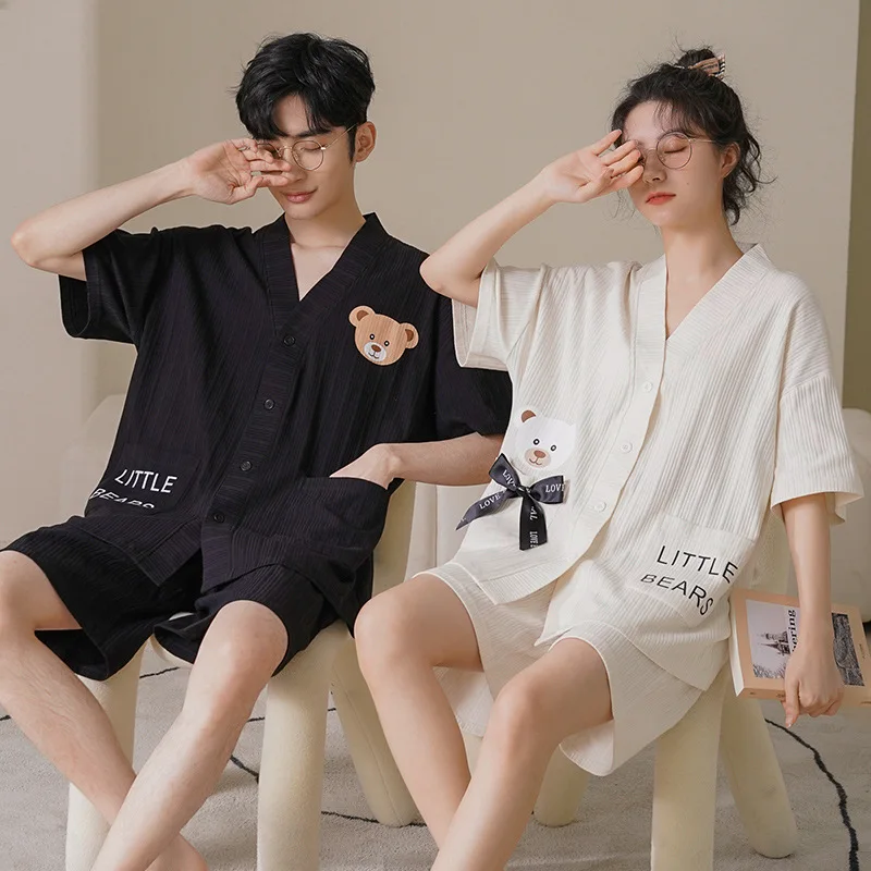 

Two Piece Set of Pajamas for Couple Cute Women Cotton Sleepwear Sets Summer Home Clothing Suit for Men Breathable Short Sleeves