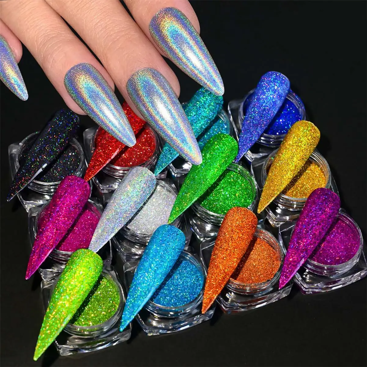 12 Colors Glitter Nail Powder Holographic Chrome Nail Powder Laser Effect Chrome Pigment Glitter Colorful Nail Art Glitter