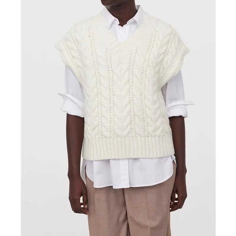 

American mat Pure Color V-ne Loose Straight-cut Svel Twisted Flower Knitted Vest Women's Sweater Cover-up