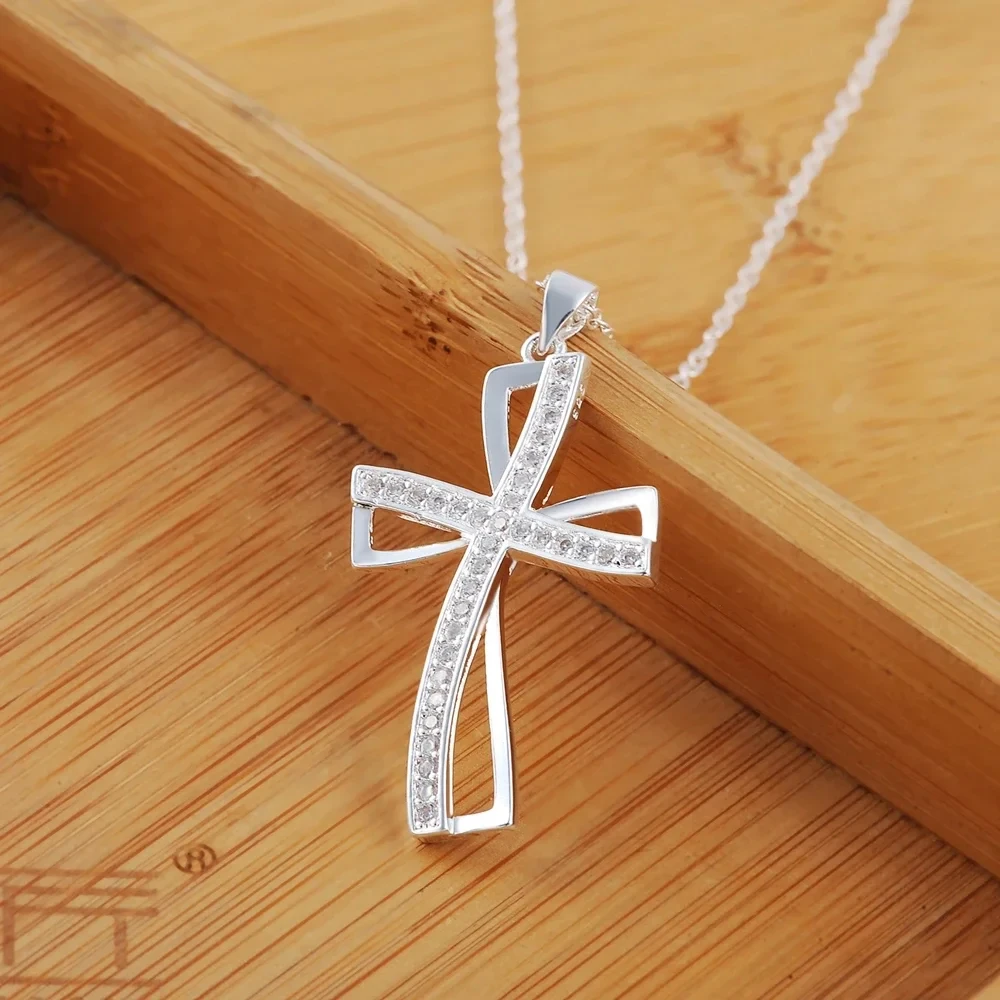 Promotions 45cm 925 sterling silver necklace charm for women cyrstal Cross pendant chain jewelry fashion cute wedding party