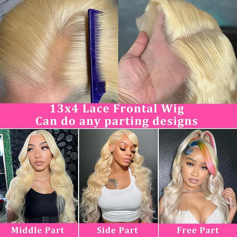 Perruque Lace Front Wig Body Wave Naturelle, Cheveux Humains, 13x6, 4x4, Densité 613, Transparente, Blonde 200%, pour Femme