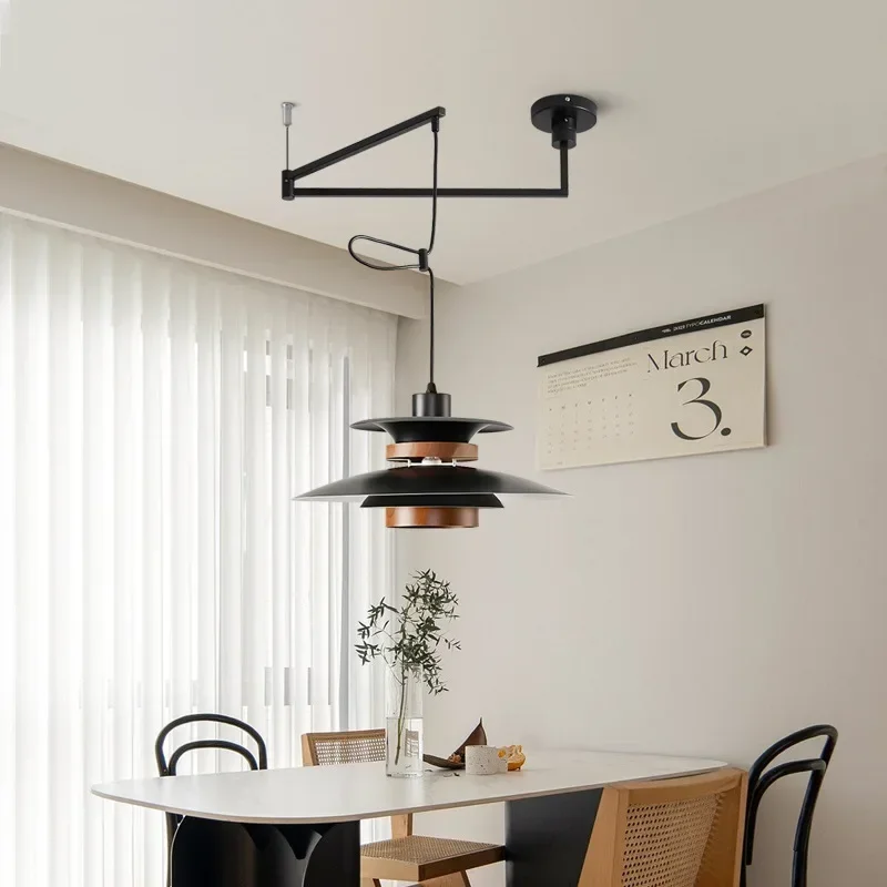 Black Walnut Flying Saucer Lamp LED Retro Retractable Rotating Long Pole Chandelier Foldable Rocker Arm Dining Table Chandeliers