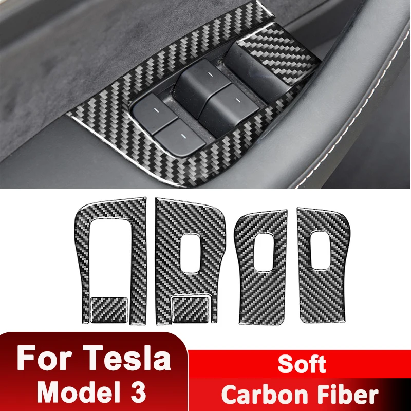 

For Tesla Model 3 Carbon Fiber Car Window Lifter Control Adjusting Panel Trim Frame Decorative Sticker Auto Interior Accessories