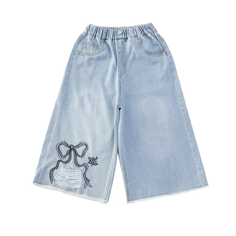 Summer Kids Wide Leg Cropped Jeans Shorts With Rhinestone Bow For Teens Girl Casual Streetwear Denim Shorts Child Hole Capris view 5