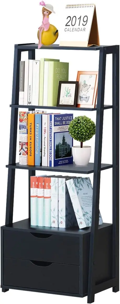 

Bookshelf Ladder Rack, 4 Tier Modern Wood Storage Display Shelving, Storage Organizer with Drawers, Bathroom Cabinet,