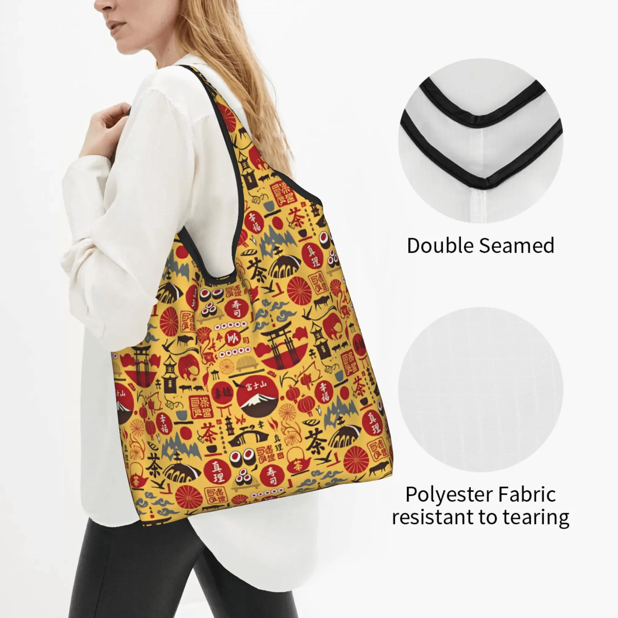 Reusable Japanese Style Mount Fuji Torii Gate Shopping Bag Women Tote Bag Portable Shrine Auspicious Clouds Grocery Shopper Bags