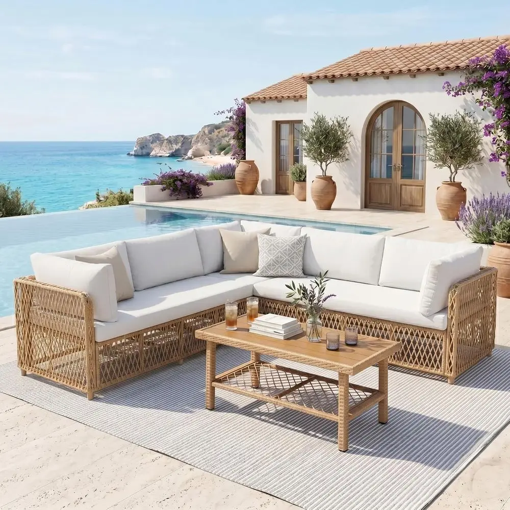 

L-Shaped 6-Person Outdoor Sectional Patio Furniture Set with Thick Cushions and All-Weather Wicker for Boho Style Decks and Back