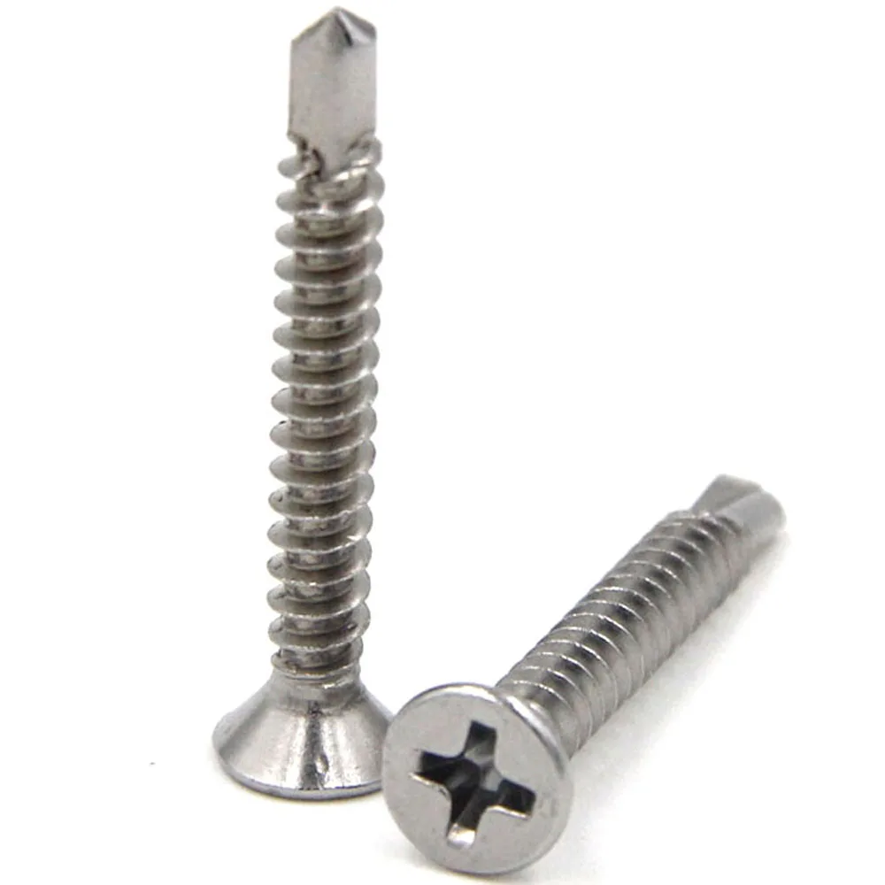 410/304 Stainless Steel/Blue-White Zinc Plated, Phillips Countersunk Head Self-Drilling Screws, M3.9–M6.3, 20 Pcs/Bag