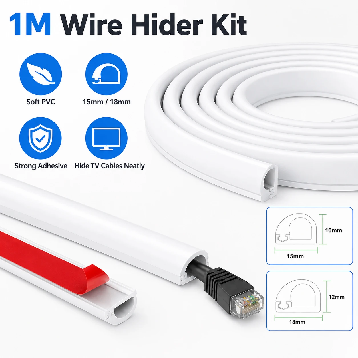 1-3Roll 1M Self-Adhesive Cable Cover,Flexible PVC Wire Hider Raceway Wall Mount Cord Concealer for TV Cable Management