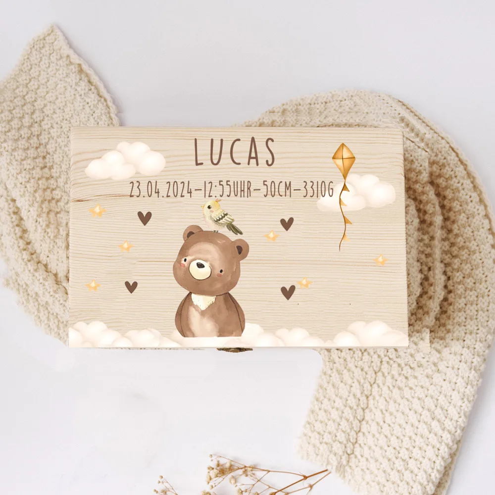 Boîte à mémoire de bébé avec nom personnalisé, boîtes à mémoire d'animaux arc-en-ciel imprimés en bois, étui à souvenirs pour enfants, cadeau d'anniversaire pour fête d'anniversaire pour enfant