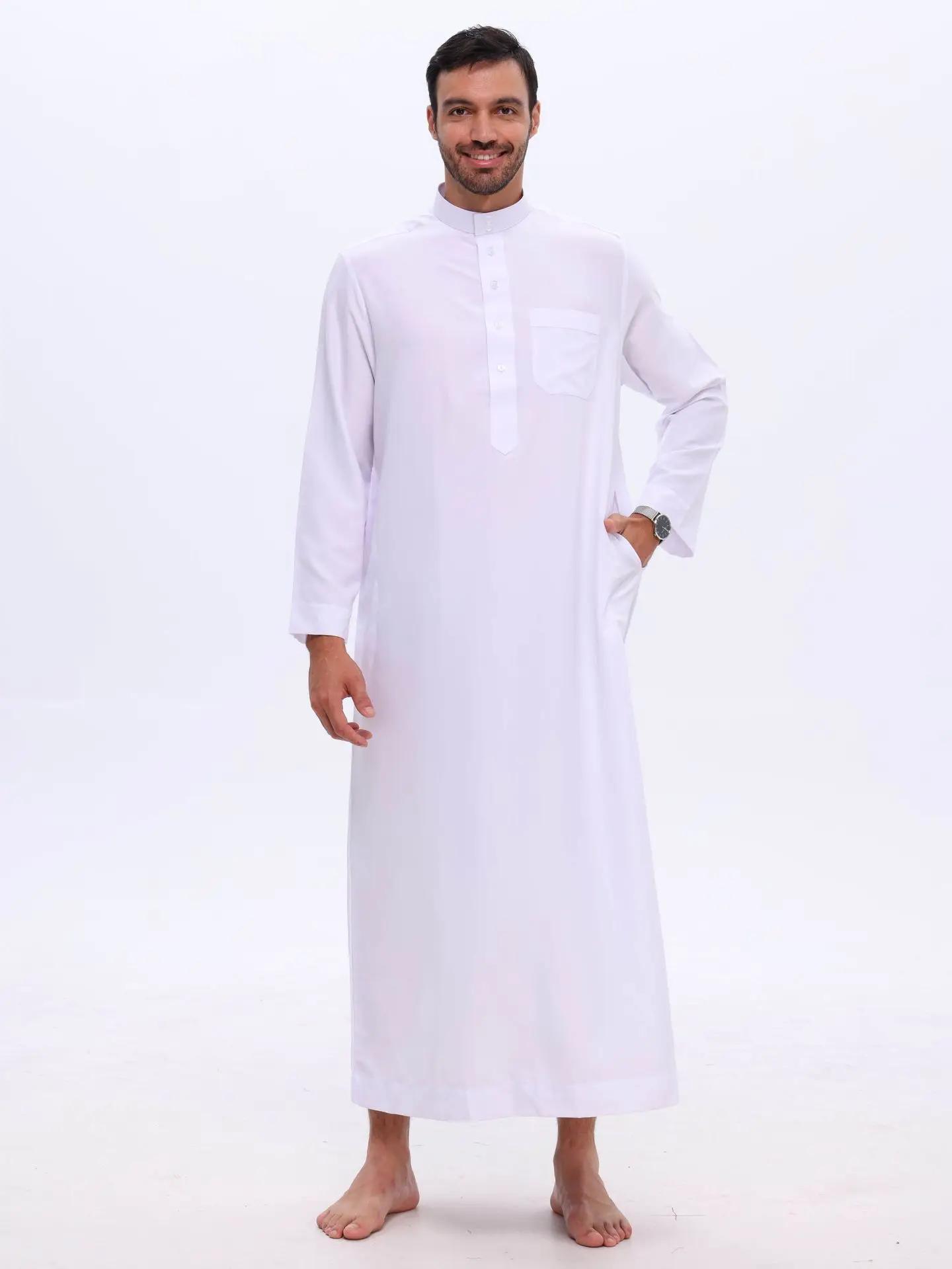 Bianco Thobes Uomo Abito musulmano Islam Abbigliamento Abito arabo saudita Jubba Thobe Eid Djellaba Manica lunga Tradizionale Daffah Dishdasha