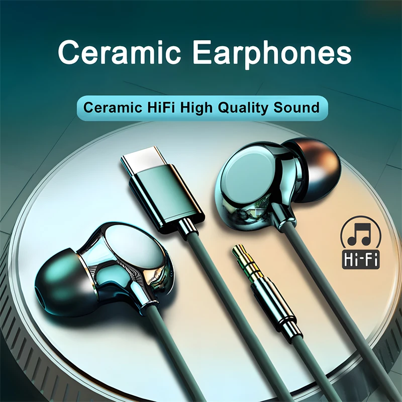 USB Type C Ceramic Wired Earphones For iPhone 15 Pro Max Samsung Xiaomi Huawei 3.5mm HIFI Stereo Sport Music with Microphone