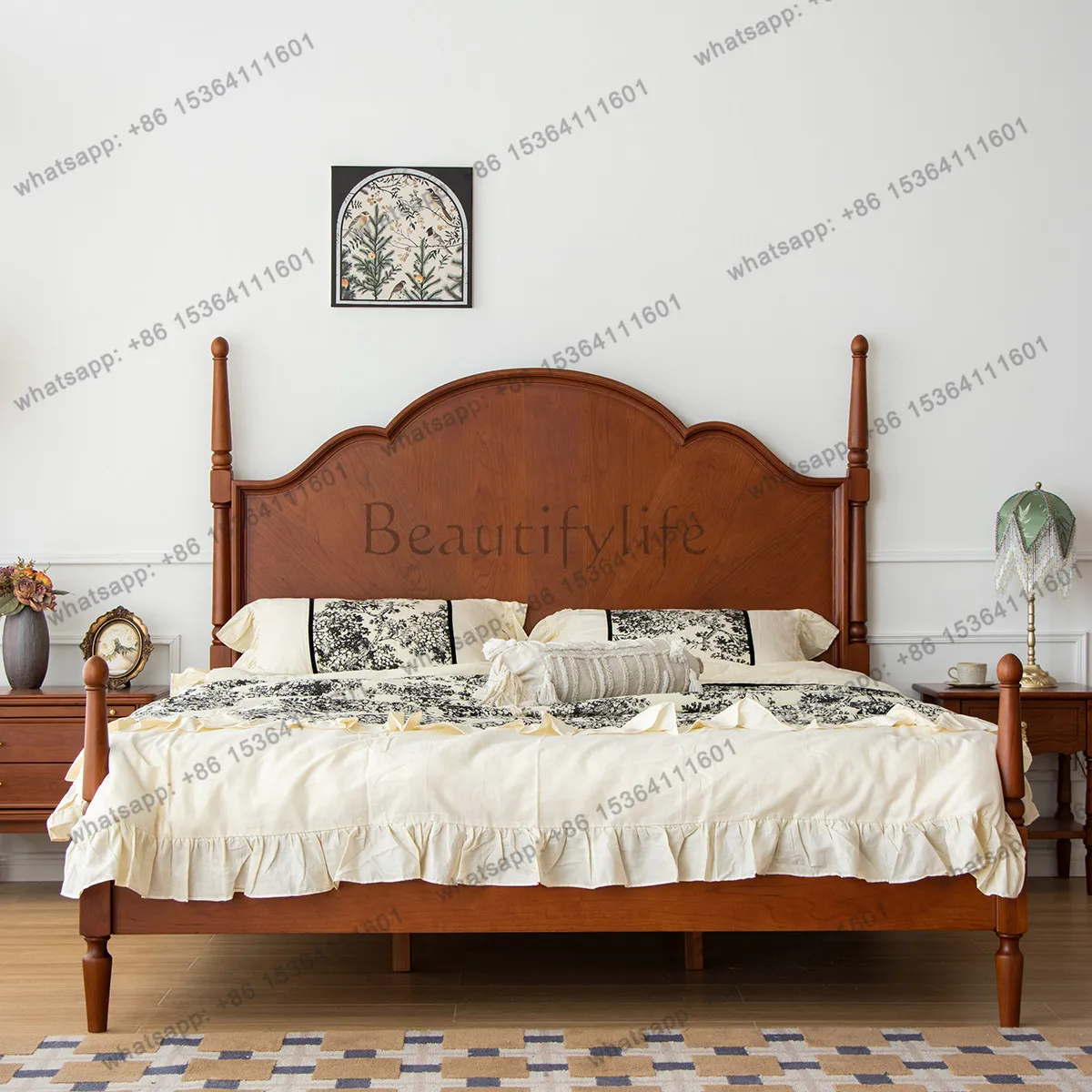 American retro Anna bed cherry wood solid wood French premium double bed 1.8 meters