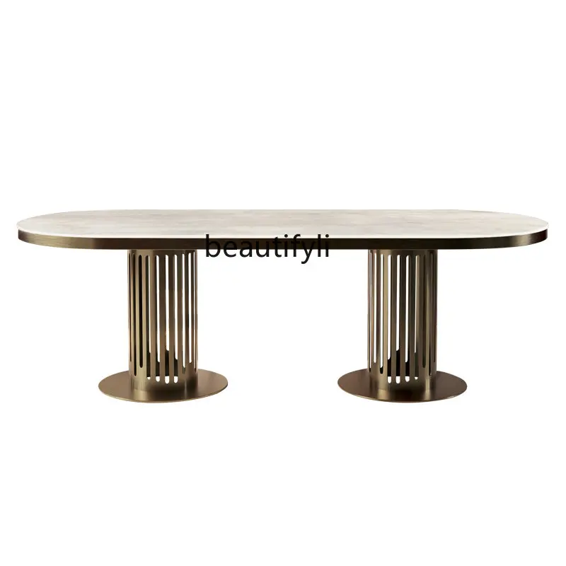 

Post-Modern Italian Style Natural Marble Dining-Table Minimalist Large Apartment High-End Oval Dining Tables and Chairs Set