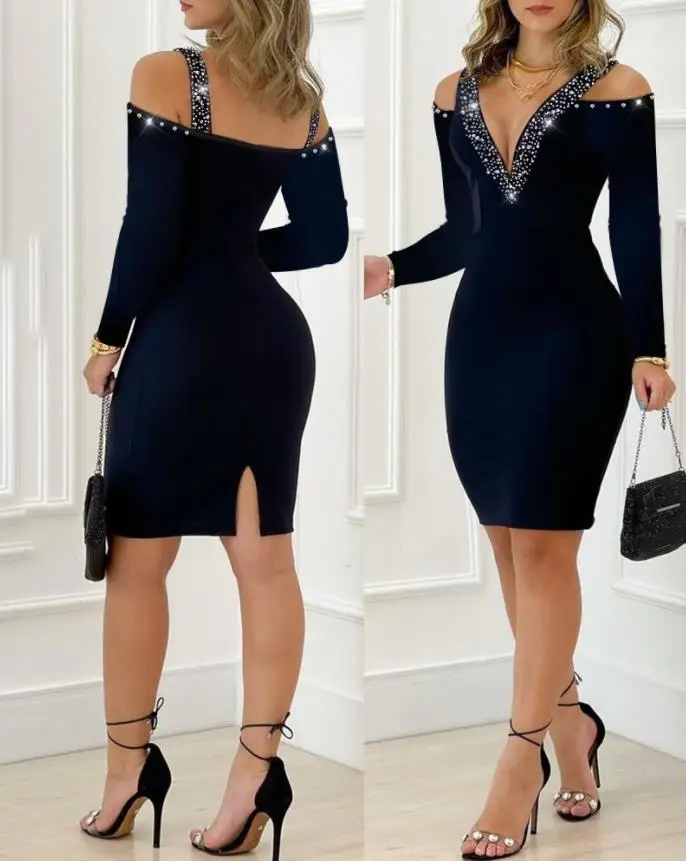 

Women's Dress Summer Sexy Elegant Party Dress Solid Color Rhinestone Decor Cold Shoulder Long Sleeve Bodycon Slit Mini Dress