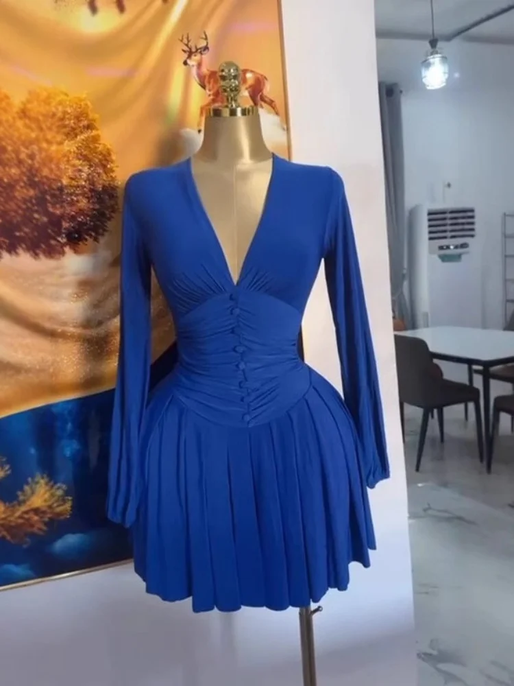 Wmstar ドレス女性卸売ソリッド女性のプリーツディープ V ネック長袖ドレスと新しいスタイルのスカート女性服