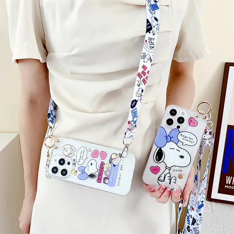 Cartoon Cute Snoopy Charlie Crossbody Straps Wrist Strap Stand Phone Case For iPhone 12 13 14 15 Pro Max Clear Soft Back Cover