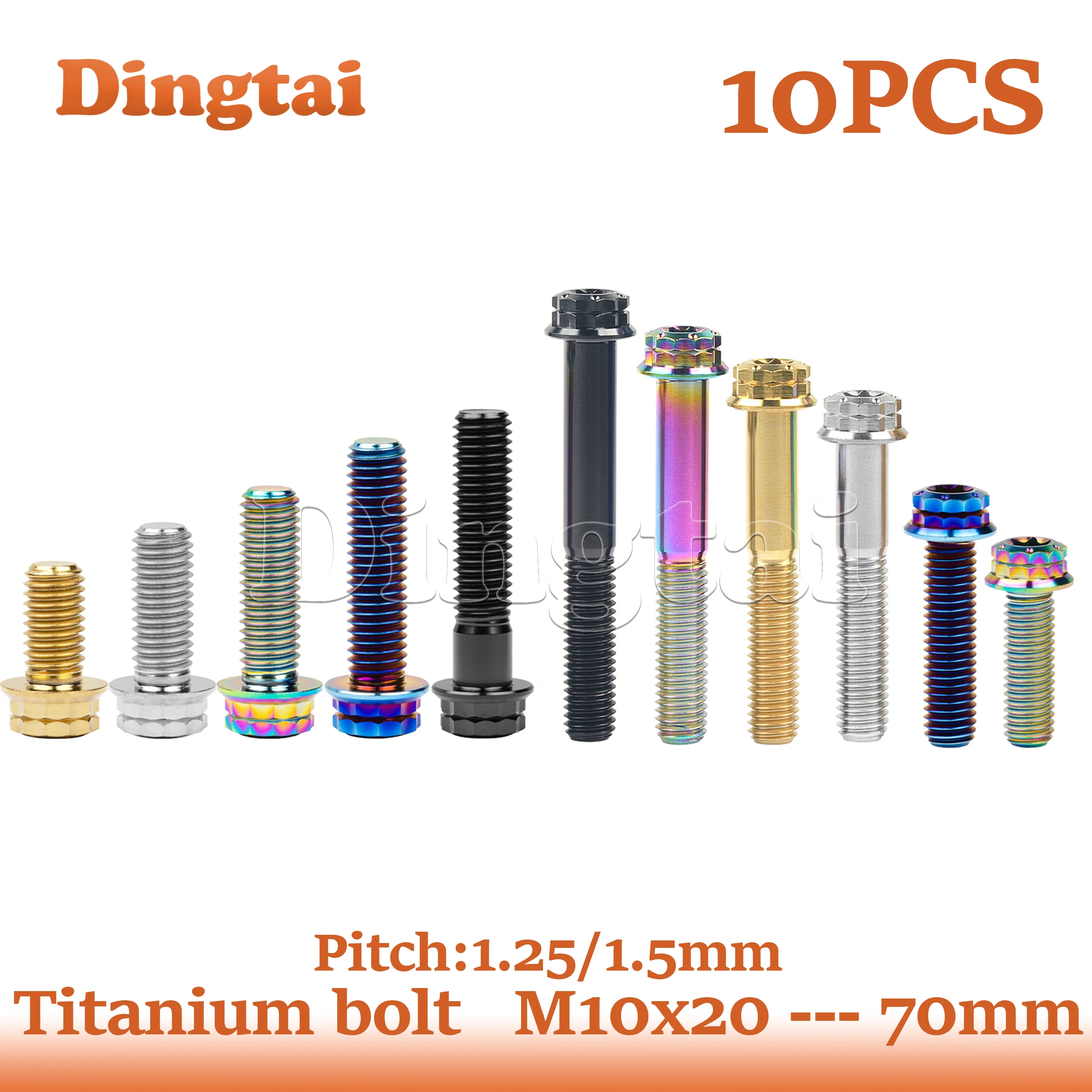 Dingtai Titanium Bolt 10PCS M10X20/25/30/35/40/45/50/55/60/65/70mm T50 Torx Pitch1.25/1.5 Flange 12 Point Screw forMotorcycle