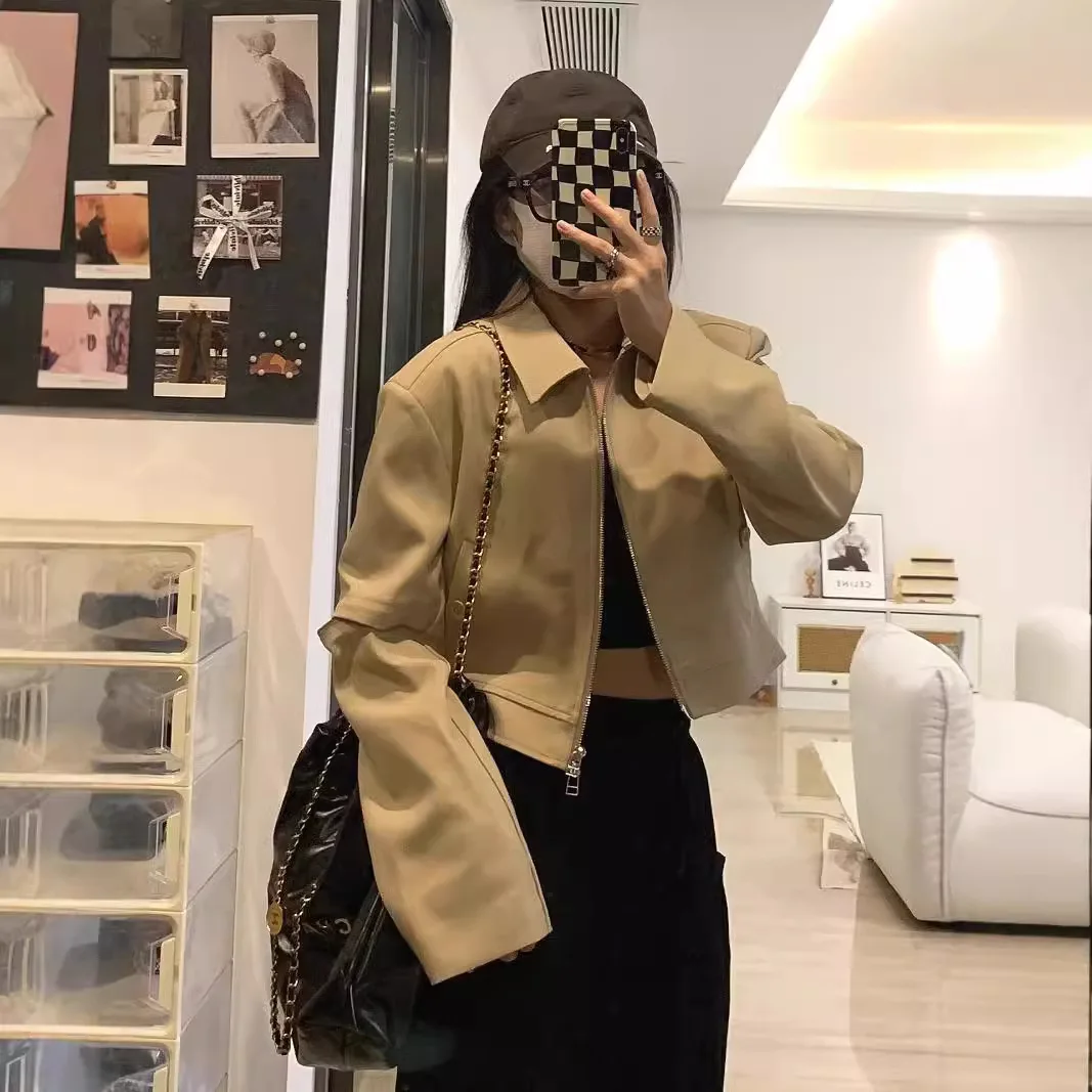 

Faux Leather Jackets Y2K Turn-Down Collar Fashion Style Outerwear Button Front Pocket Pure Simple Basic Ladies Long Sleeve