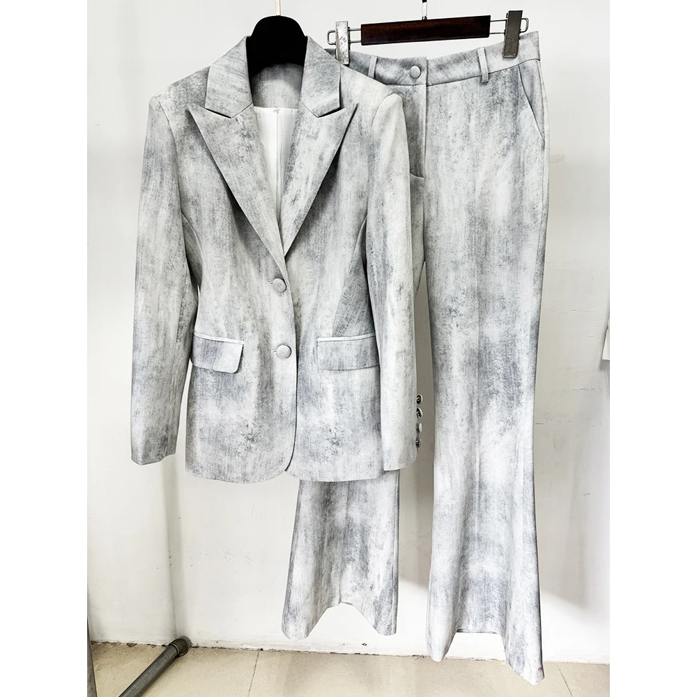 HIGH STREET Newest Fashion 2025 Designer Suit Set Women's Dye Printed Slim Fitting Blazer Flare Pants Sets 2 PCS suits for woman