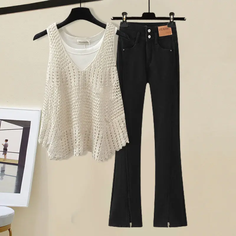 

Комплект футболок Ele Light Maturi Sle, жилет с вырезами, топ, джинсы, повседневный ансамбль Faion для женщин, осенний сезон