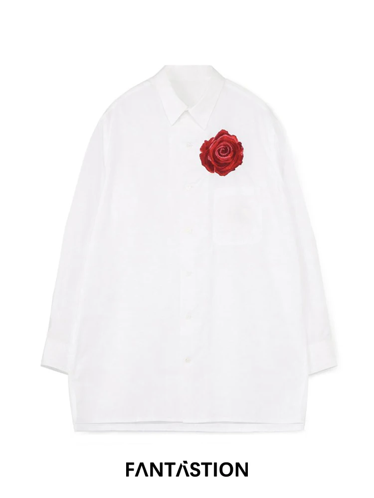 

FANTASTION Red flowers embroidery shirt Unisex Loose oversized casual wedding Long sleeves shirts white tops