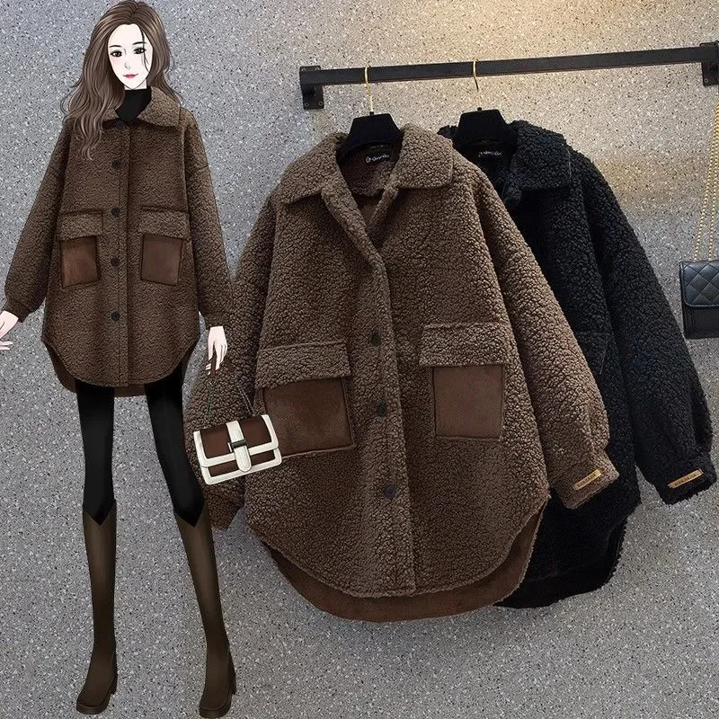 

Autumn Winter New Simple Solid Color Women Thick Lamb Wool Coat Fashion Collar Female Medium To Long Coats