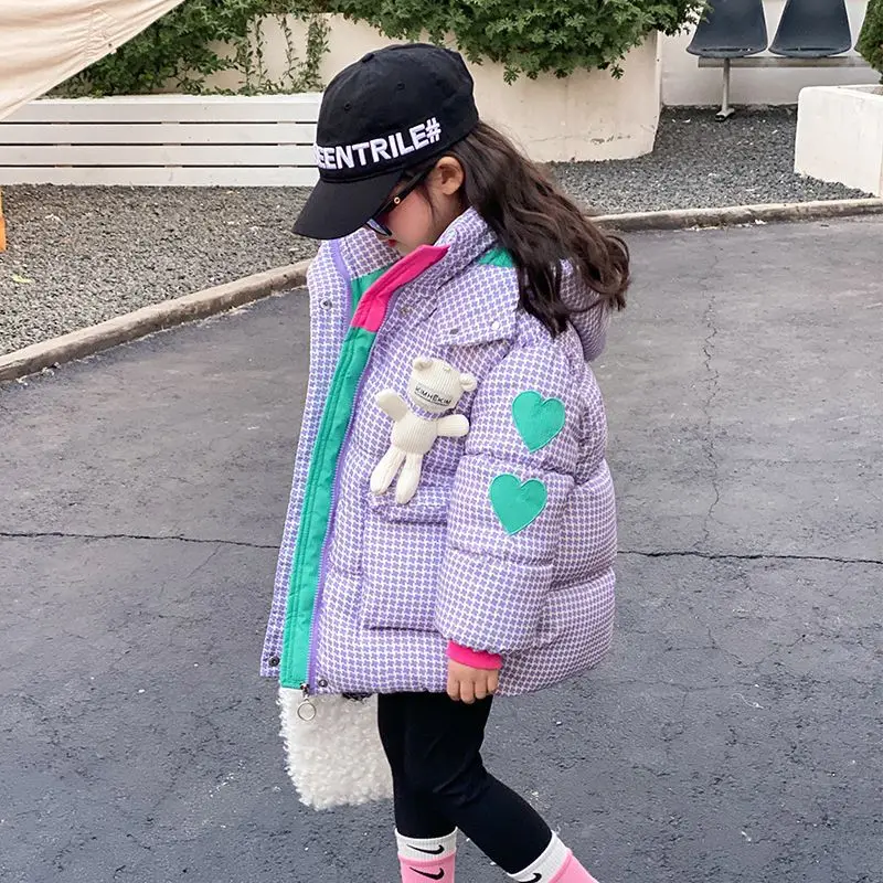 4-12 Years Girls Jacket 2025 Winter Lattice Lining Plush Thick Keep Warm Hooded Parkas For 4-12Years Kids Down Cotton Overcoat