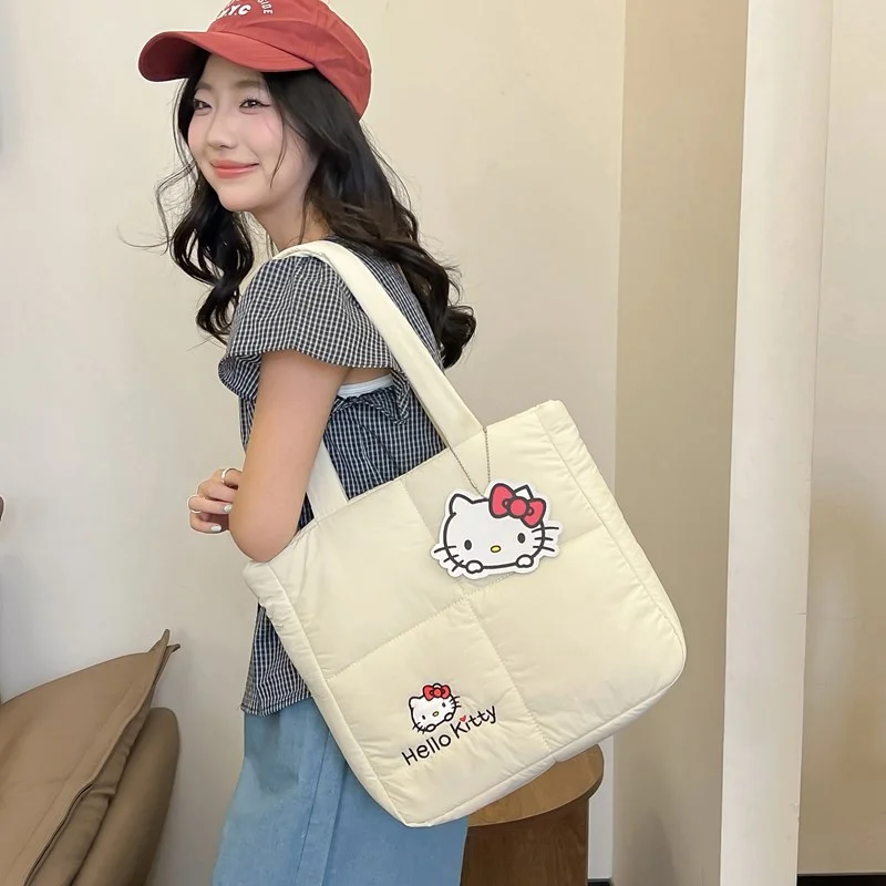 Sanrio new 2025 cute cartoon embroidered white Hello Kitty handbag sweet girls travel to school essential portable bag