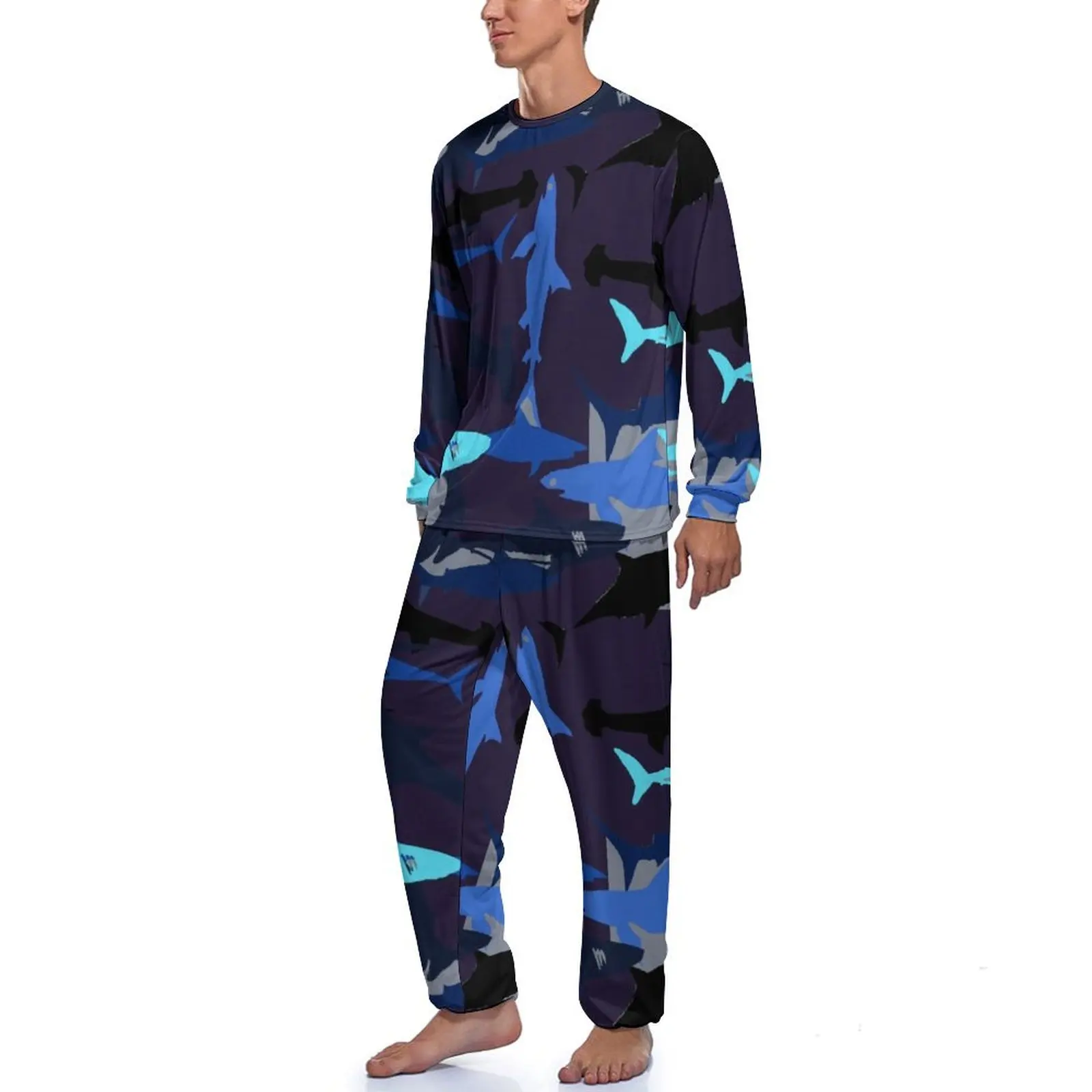 Abstract Shark Pajamas Spring Two Piece Colorful Animal Print Warm Pajama Sets Men Long Sleeves Home Graphic Sleepwear