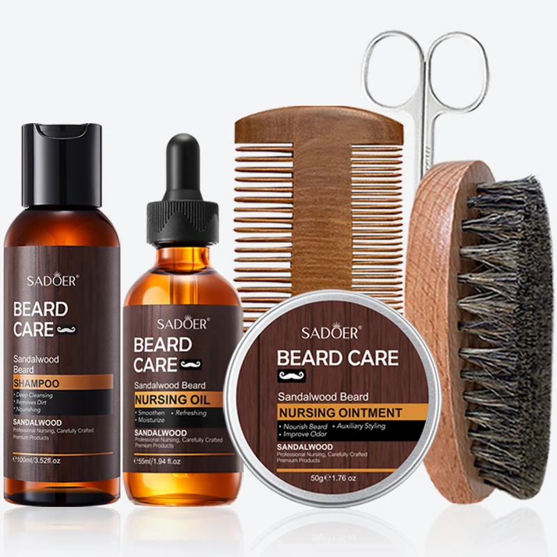 SADOER Men's Beard Growth Set, Gentle Nourishment, Sandalwood Beard Oil, Beard Balm, Beard Shampoo, Scissors, Comb, Brush