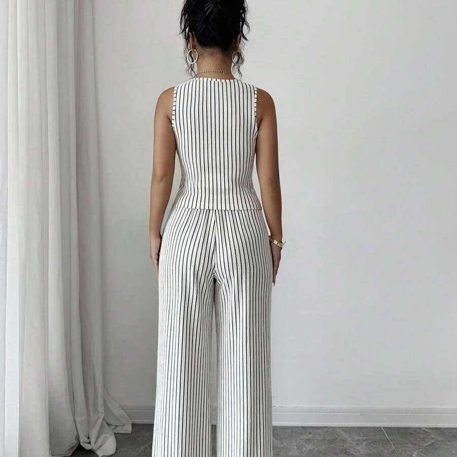 Solid Textured Two Piece Women Set Sleeveless Boat Neck Button Tank Top High Waist Straight Leg Pants Commuter Outfit