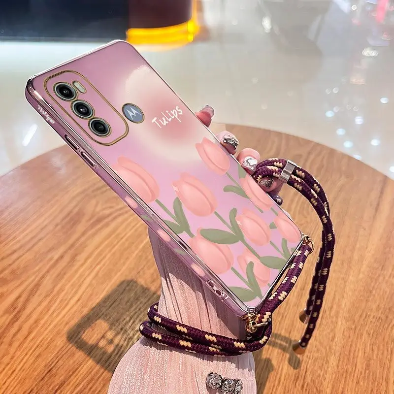 Charming Tulips Lanyard Plating Phone Case For Motorola Moto G60  G50 G42 G52 G53 G30 G20 G22 E20 Plus G9 Play G8 Power Cover