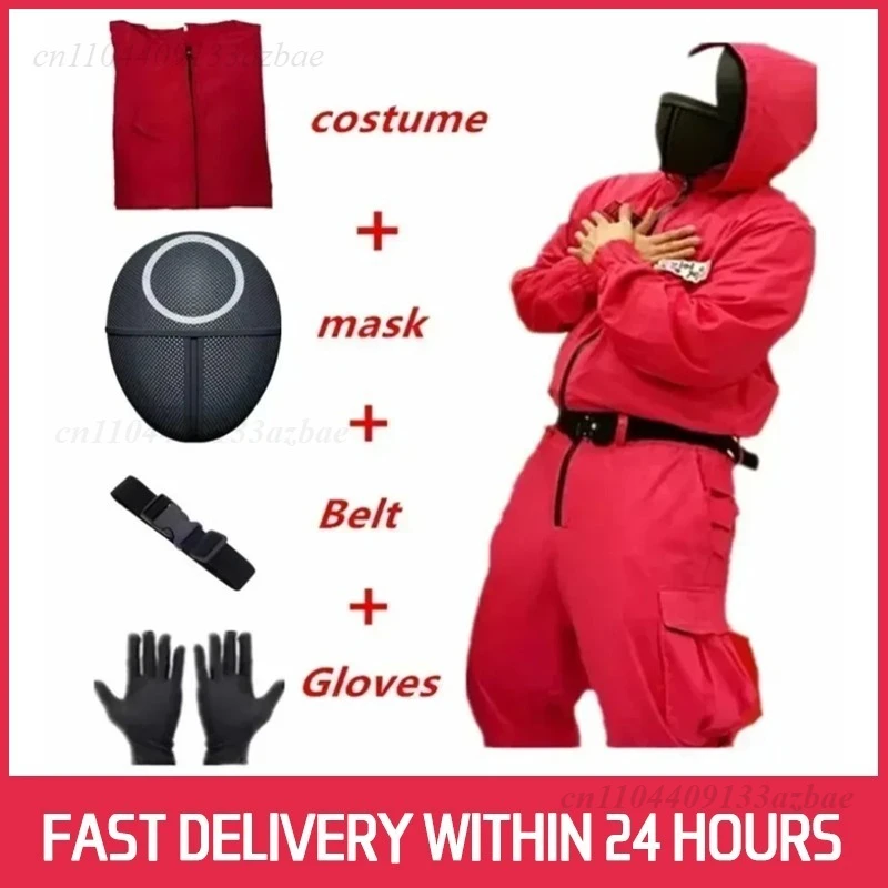 

New 2026 Red Game Jumpsuit Cosplay Party Tracksuit Outfits Props Role Play Classic Costume From Korean TV Belt Full Mask Set