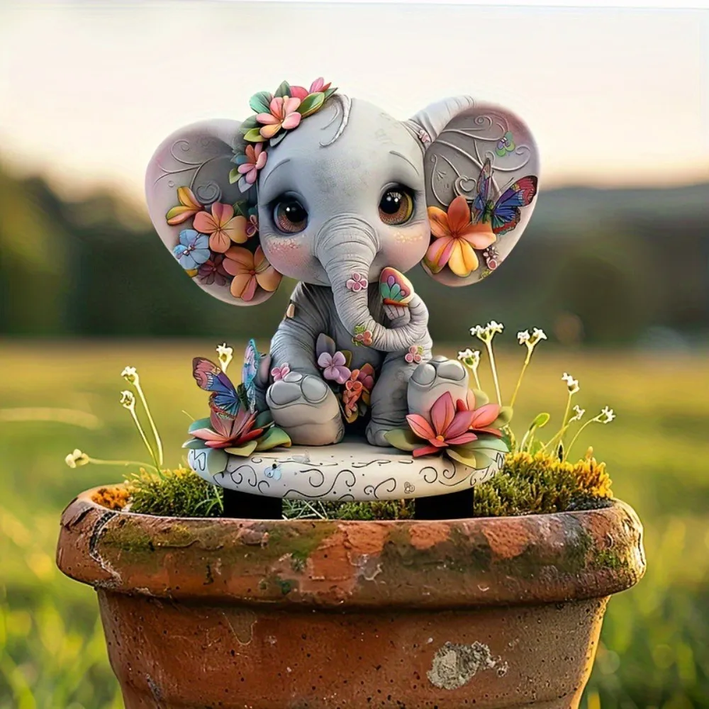 

Acrylic Elephant Statue Stake Waterproof Wear Resistant Elephant Floor Plugs Cute 2D Flat Elephant Sign Outdoor Garden