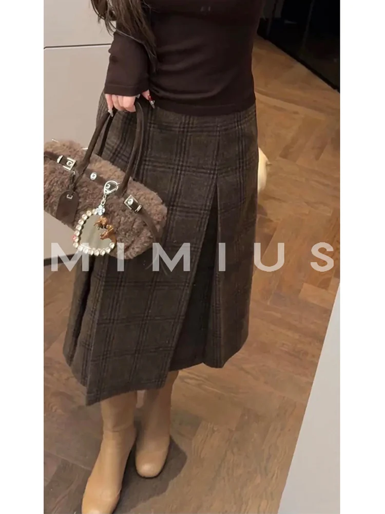 

Mimius Briti Retro Plaid Wool Skirt Women's Brown Wool Color Blo Mid-Length A-Line Skirt Casual Ci Commute Daily Wear