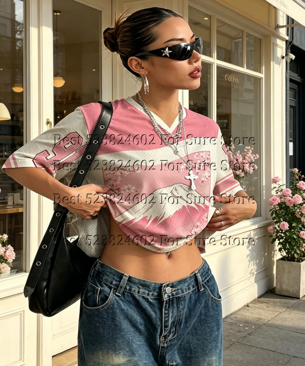 Y2K Vintage Pink White Color Block Jersey Tops Japanese Fuji Sakura Graphic Mesh Short Sleeve V Neck Tee Hip Hop Street Women