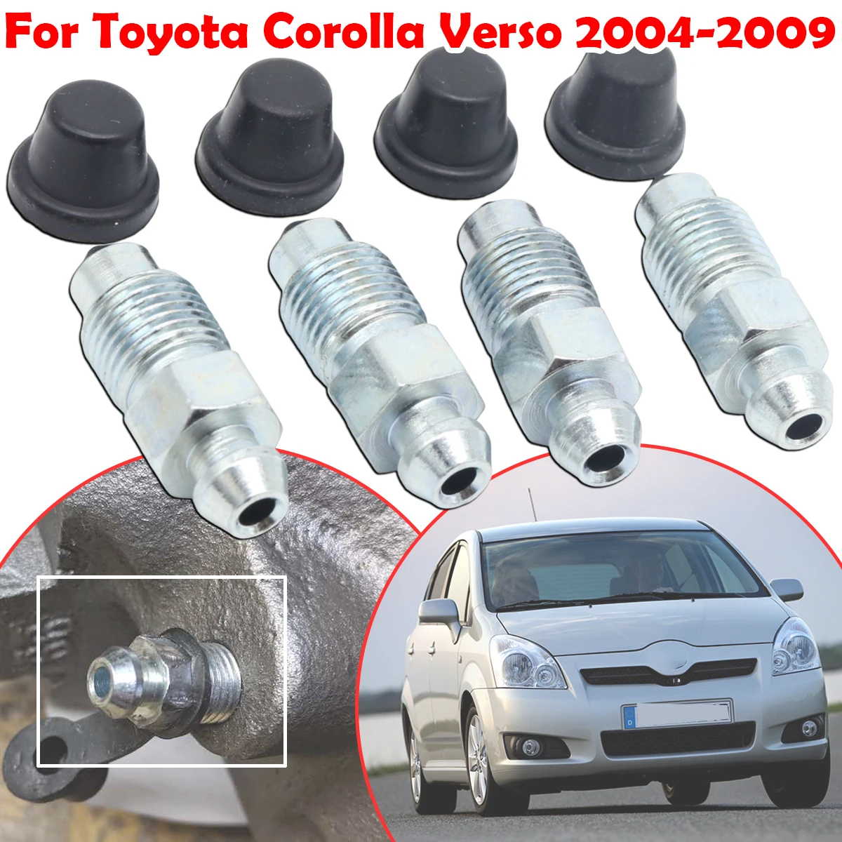 

Front Rear Bleeder Valves and Rubber Dust Caps Left Right Caliper Bleed Nipple Screw Repair kit For Toyota Corolla Verso 04-2009