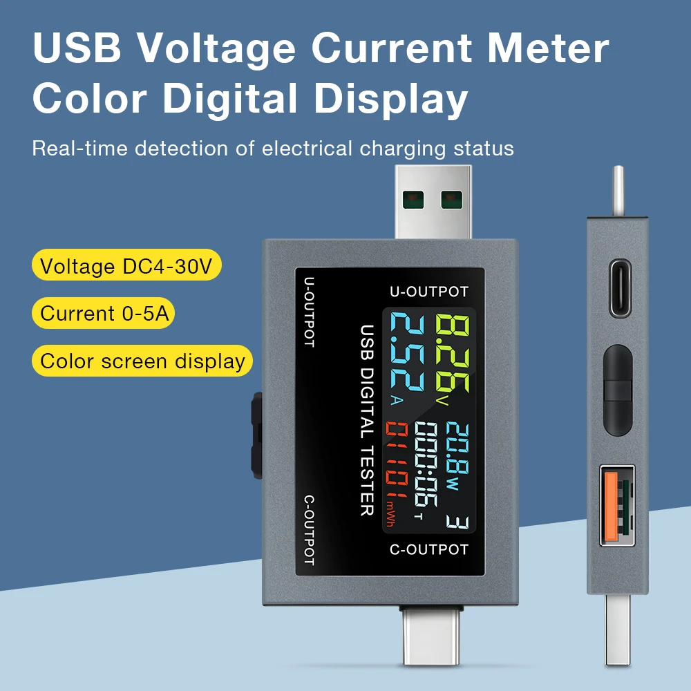 

USB-тестер Type-C с цветным экраном, вольтметр-амперметр, измеритель напряжения и тока DC4~30В, детектор зарядки повербанка, индикатор