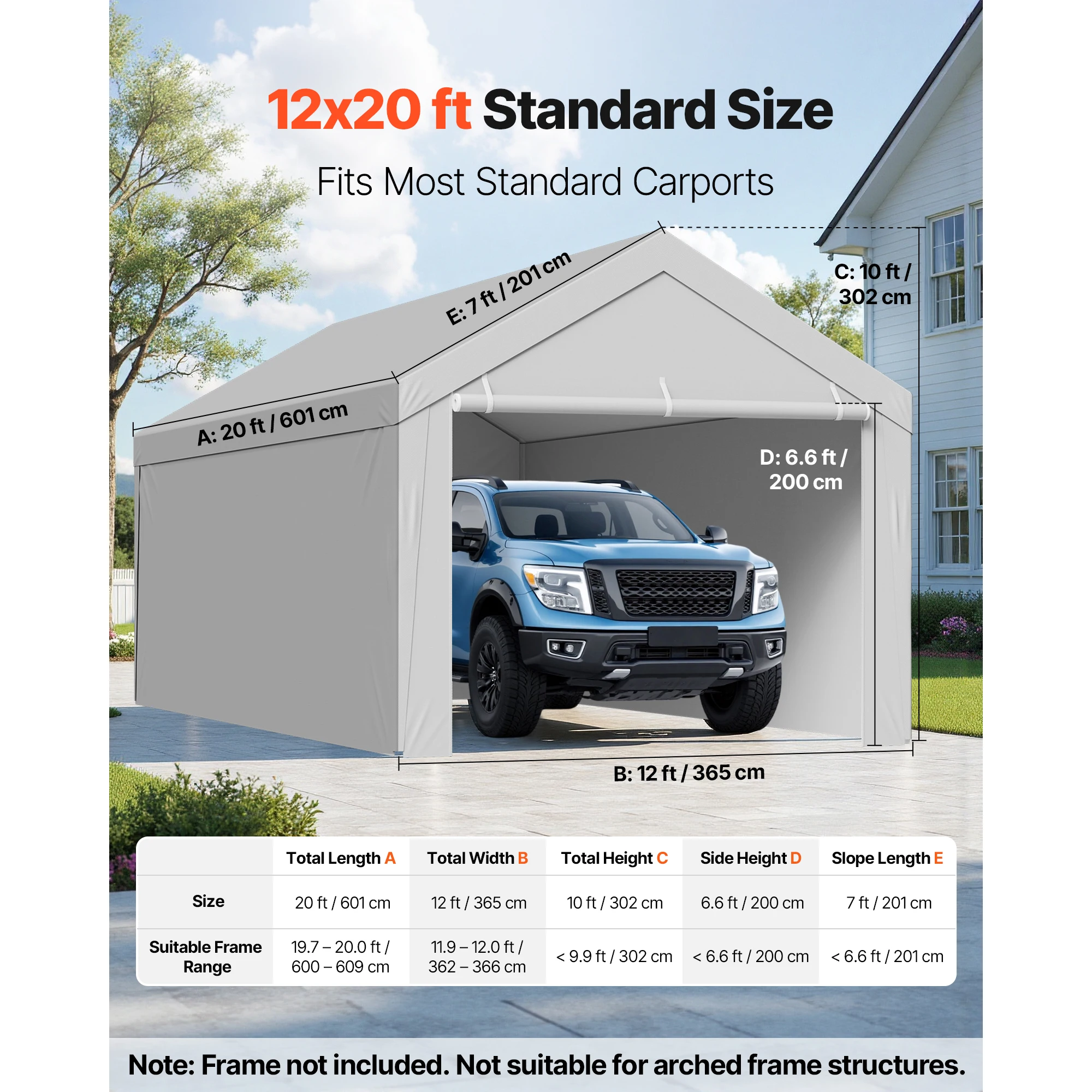 VEVOR Carport Replacement Canopy Potable Garage Tent Top Tarp with Sidewalls UV-Resistant Car Shelter Tarp with Ball Buggees