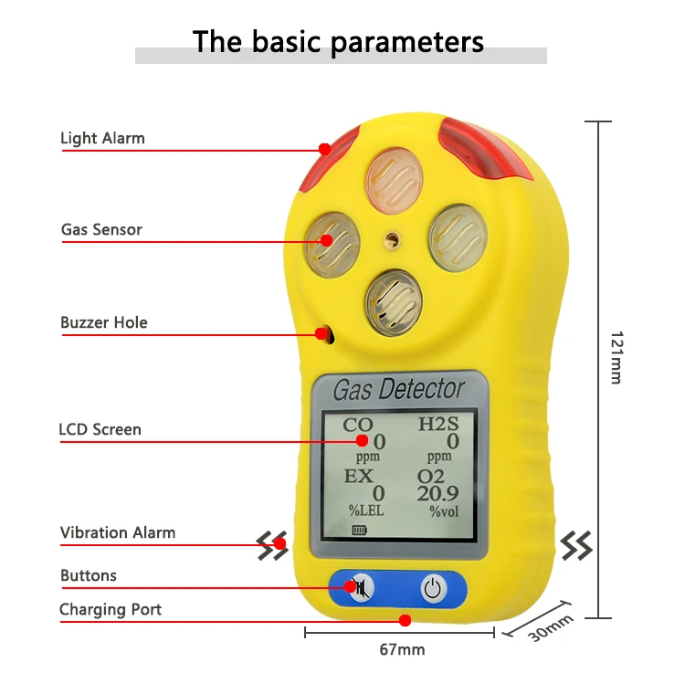 ATEX Portable 4 in 1gas Monitor CO O2 H2S LEL CH4 Multi Gas Alarm Detector