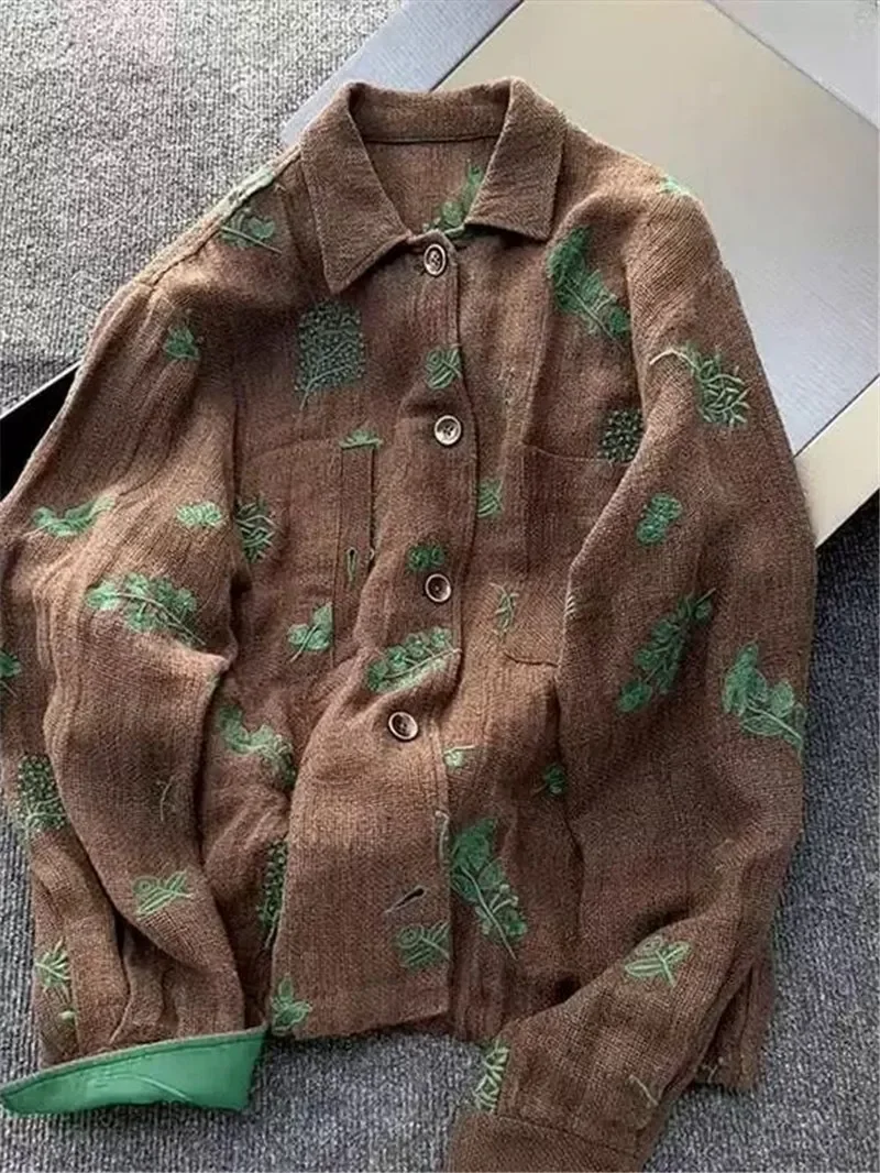 

2025 New Spring Coffee Floral Embroidery Vintage Jacket Women Chinese Style Long Sleeve Single Breasted Womens Coat