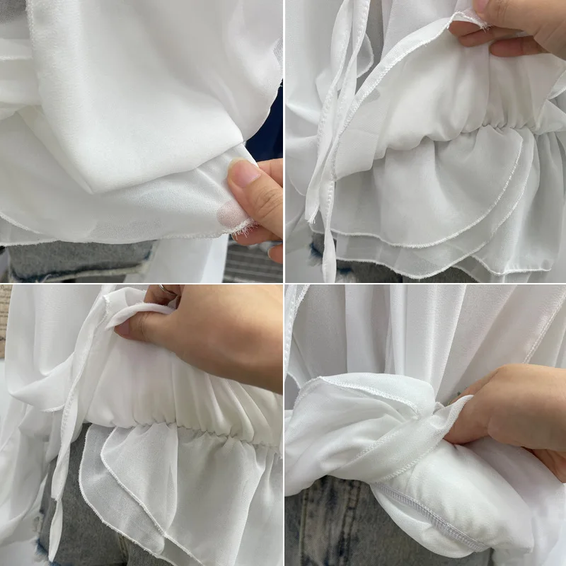 Bluzka damska z szyfonu z odkrytymi ramionami, jesień, wiązana, z długim rękawem, z falbankami, luźna.