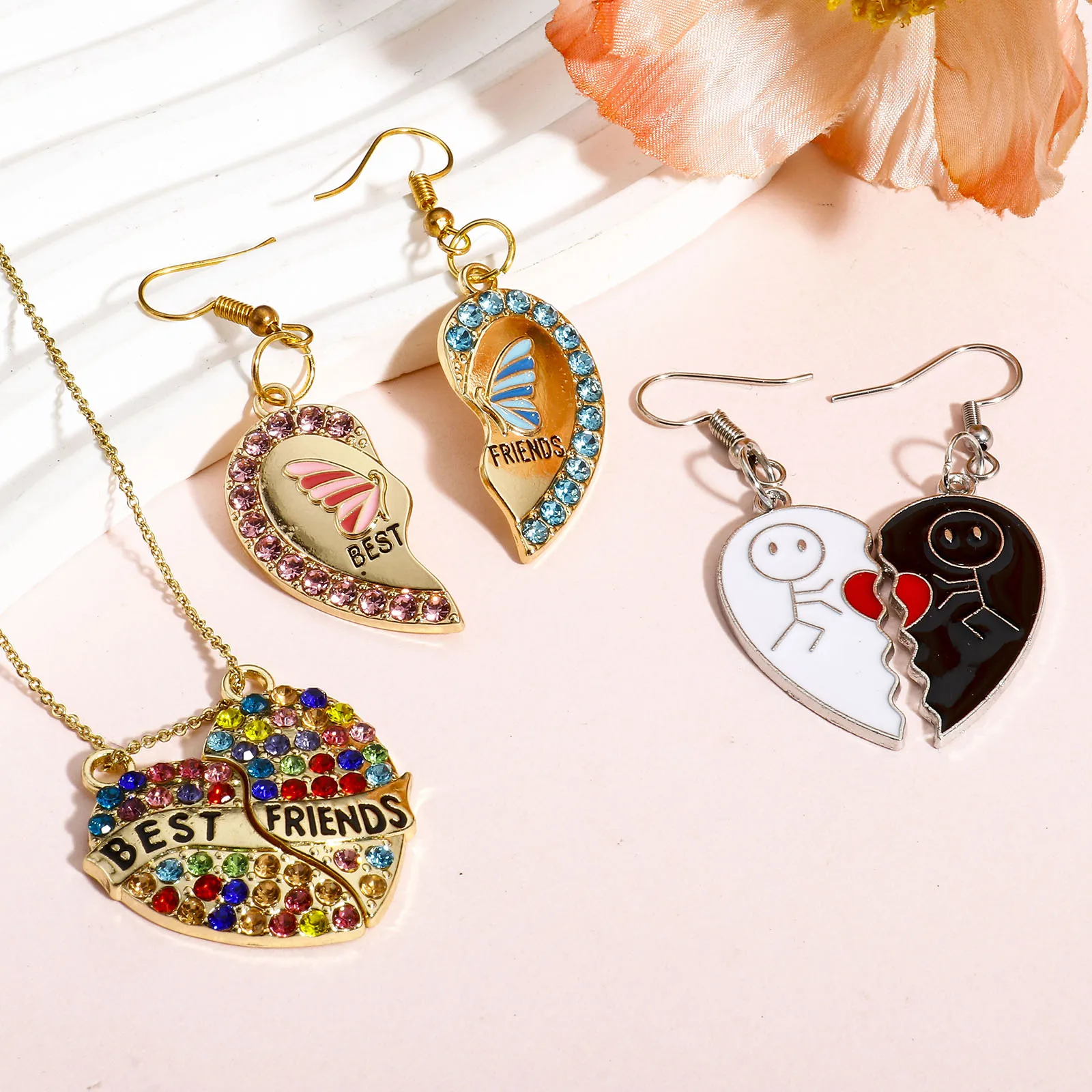 5Sets New Best Friends Pendants Gold Color Broken Heart Multicolor Enamel Rhinestone Charms DIY Necklace Earrings Women Jewelry